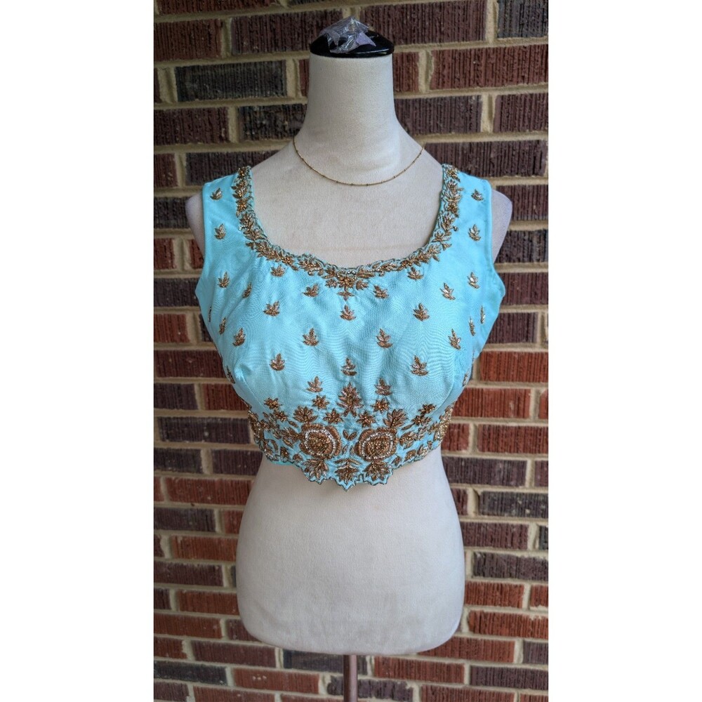 Aqua Blue Gold Embroidered Cropped Choli Blouse Top Sleeveless Beaded Blouse-34"